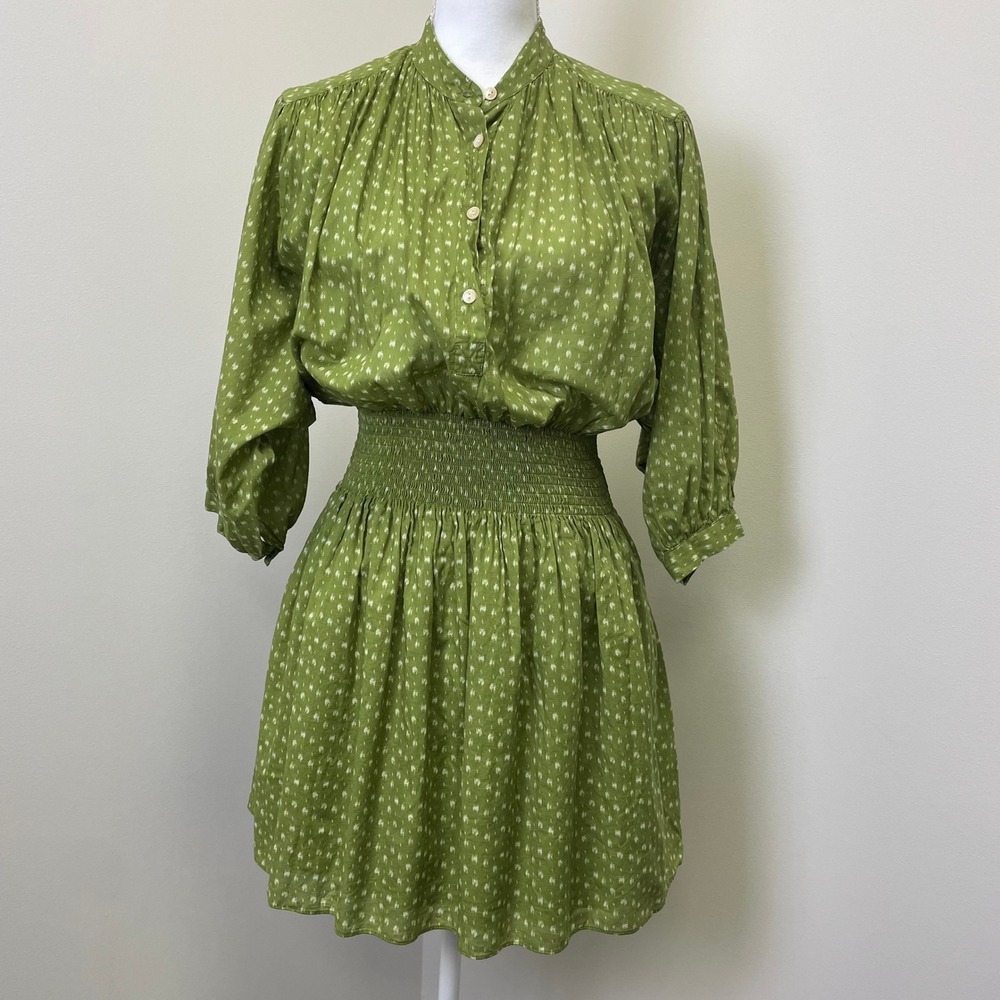 Rebecca Taylor Green Ikat Print Smocked Waist Cotton Mini Dress Small Boho Fall